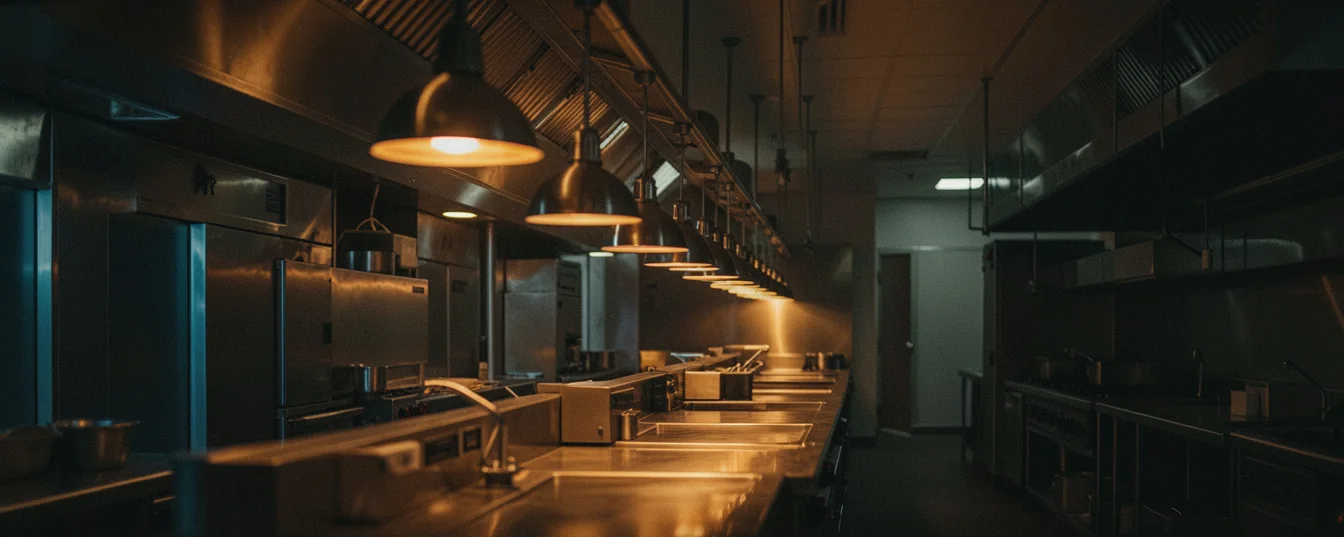An empty fast food kitchen line after closing