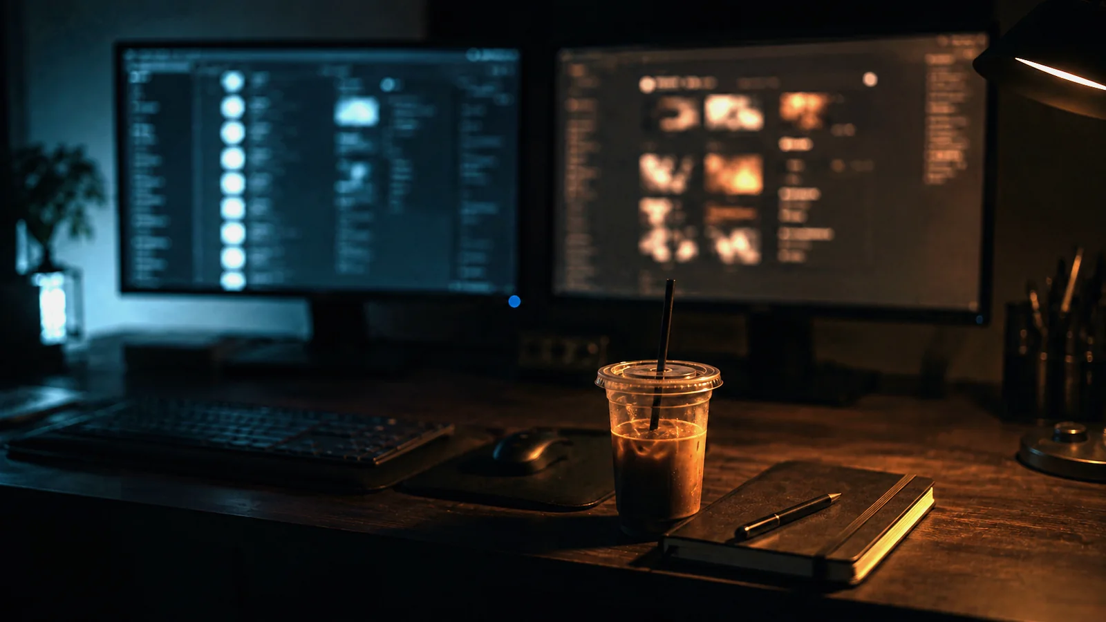 Two monitors on a dark desk at night