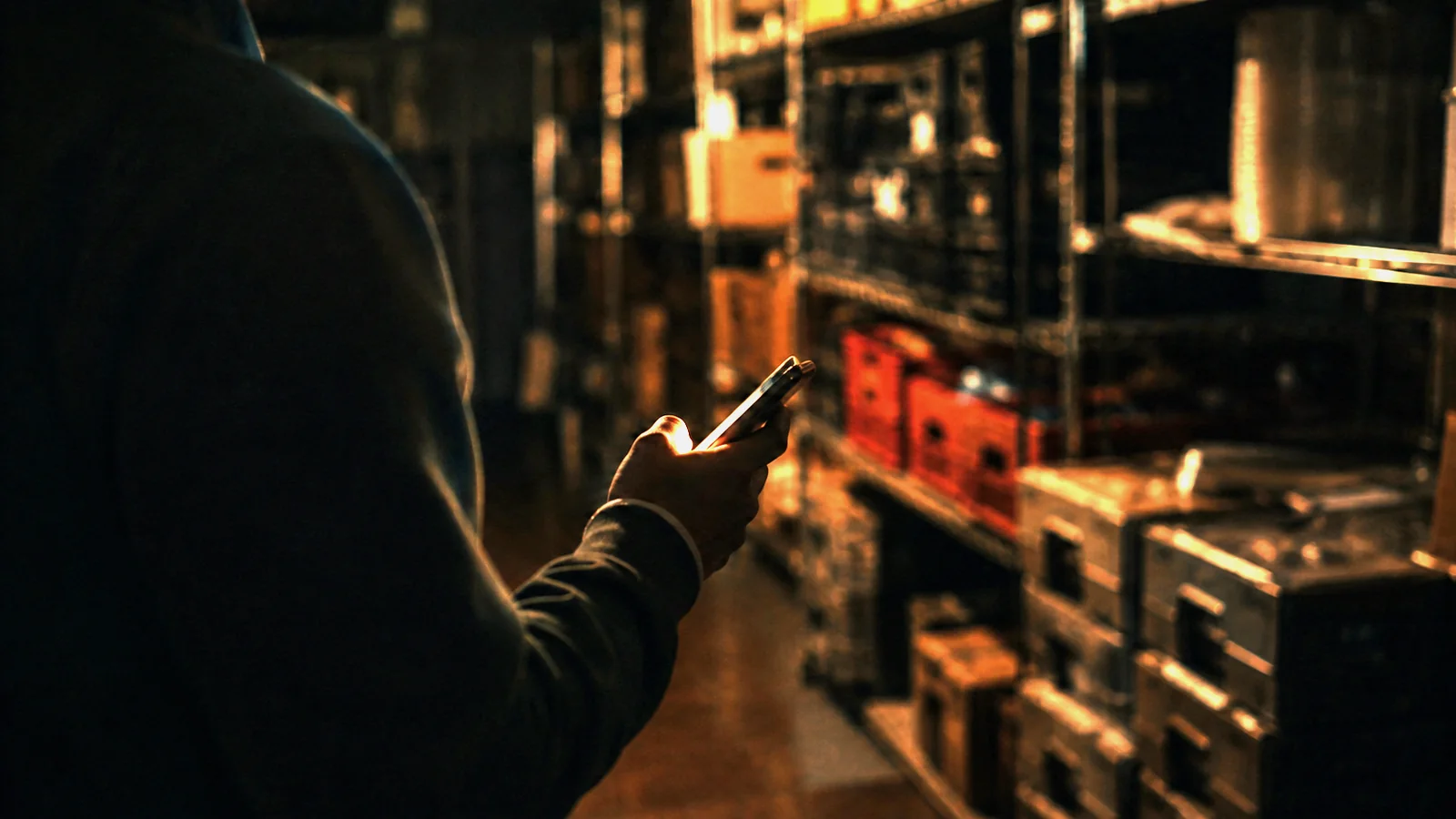 A phone held in a dim restaurant stock room